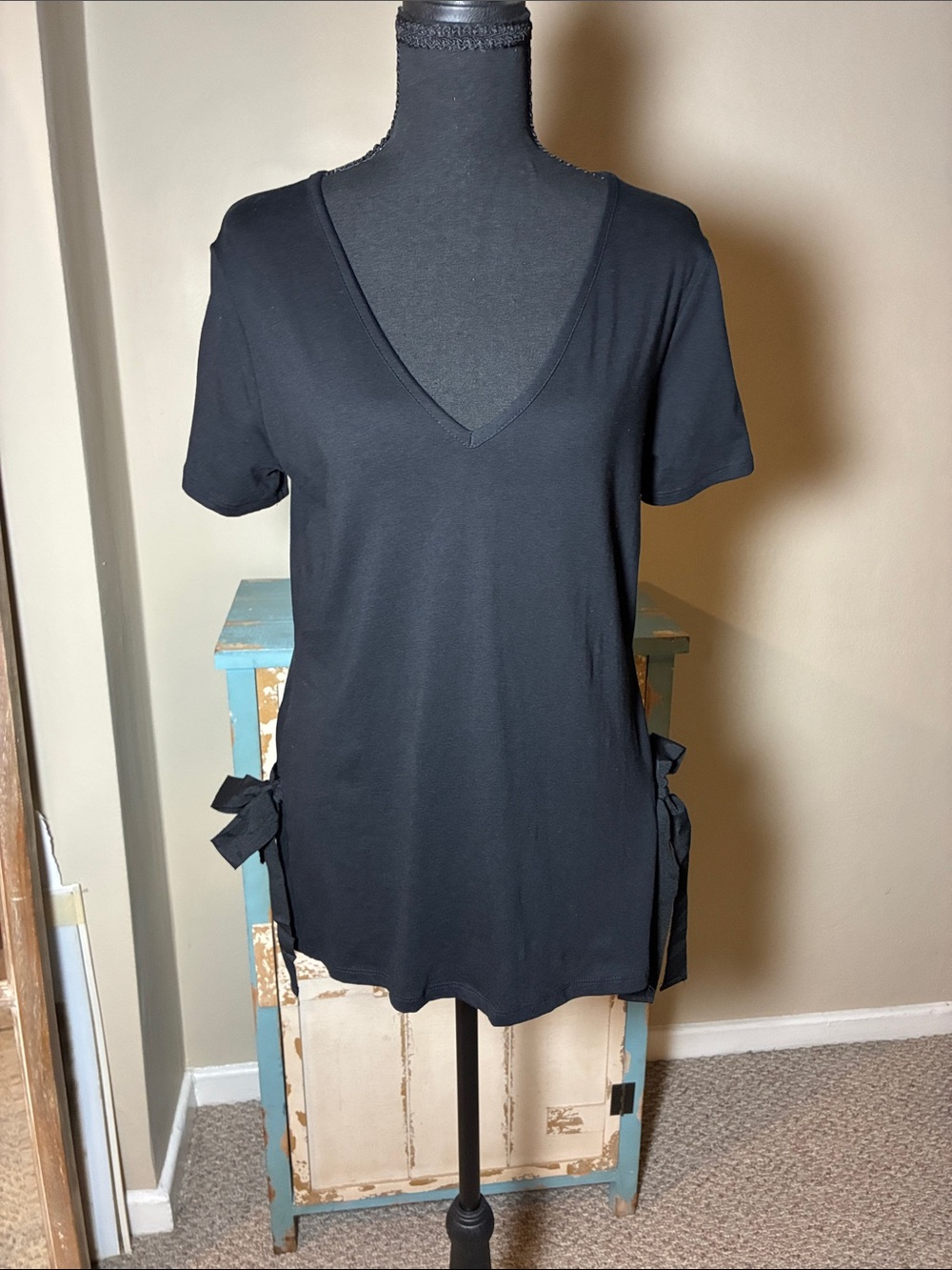 Joe Fresh Black V-Neck Short Sleeve Top with Side Tie Accents